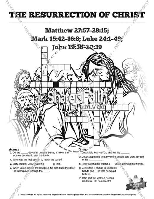 Jesus' Resurrection Sunday School Crossword Puzzles