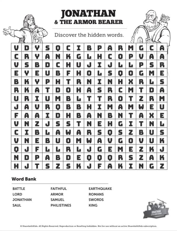 Jonathan And His Armor Bearer Bible Word Search Puzzle