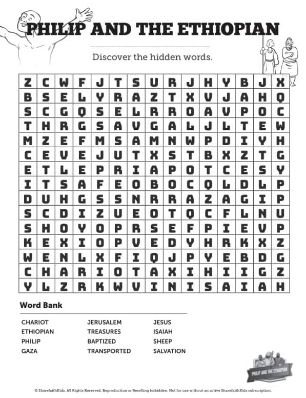 Acts 8 Philip and the Ethiopian Bible Word Search Puzzles