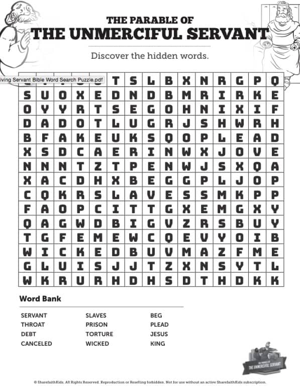Matthew 18 The Parable of the Unforgiving Servant Bible Word Search Puzzles