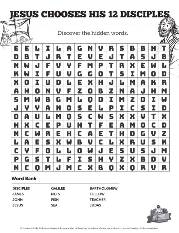Jesus Chooses His 12 Disciples Bible Word Search Puzzles