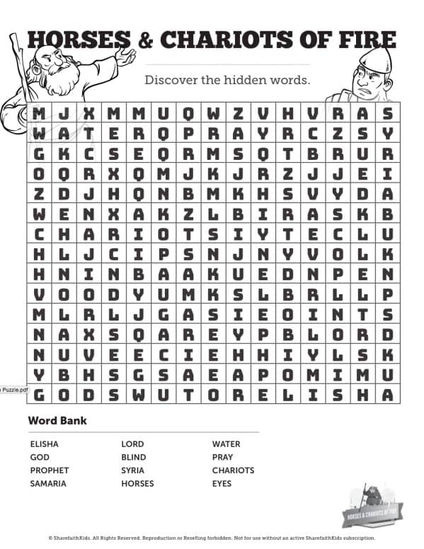 2 Kings 6 Horses and Chariots of Fire Word Search Puzzles