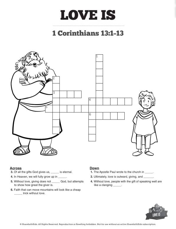 1 Corinthians 13 Love Is Sunday School Crossword Puzzles