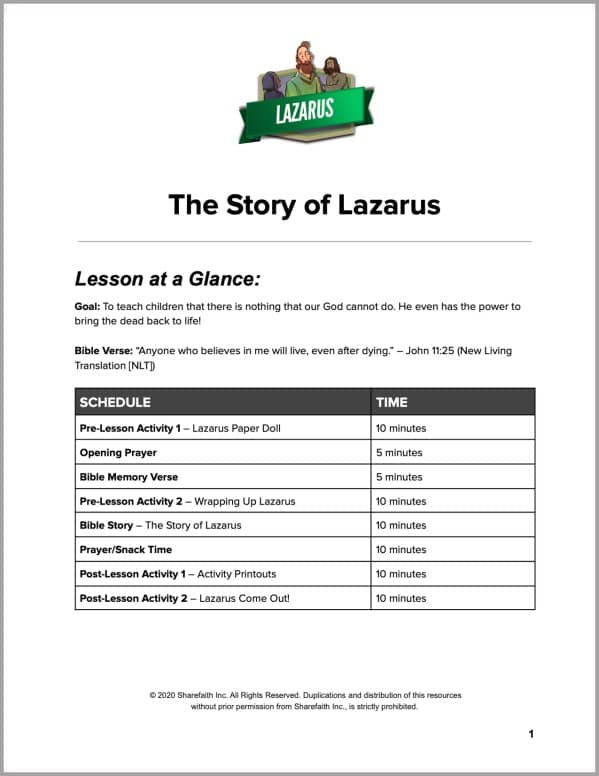John 11 The Story of Lazarus Preschool Curriculum
