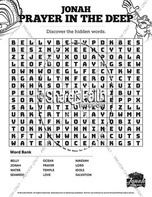 Jonah 2 Prayer in the Deep Bible Word Search Puzzles