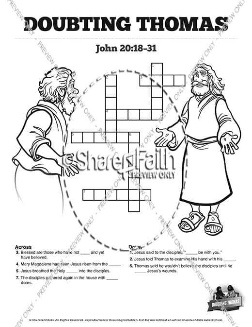 John 20 Doubting Thomas Sunday School Crossword Puzzles
