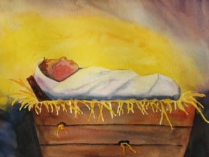 Watercolor Baby in a Manger