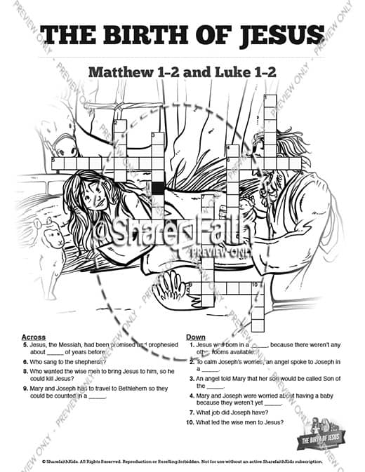 The Birth of Jesus Sunday School Crossword Puzzles