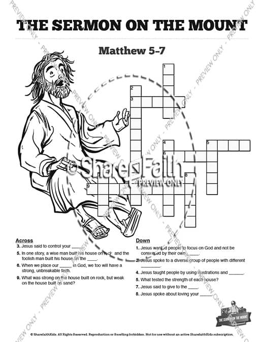 Sermon On the Mount (Beatitudes) Sunday School Crossword Puzzles