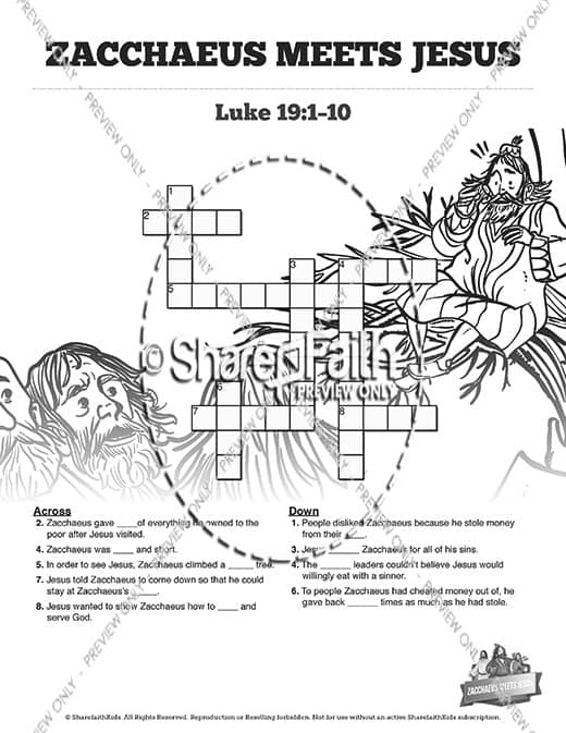 Luke 19 Story of Zacchaeus Sunday School Crossword Puzzles