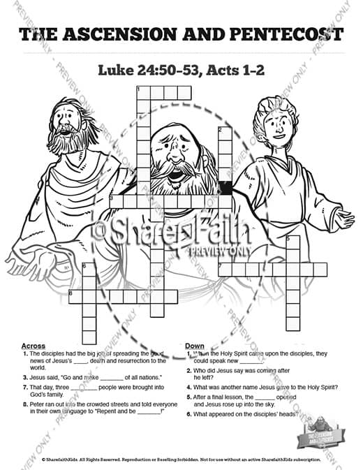The Ascension and Pentecost Sunday School Crossword Puzzles