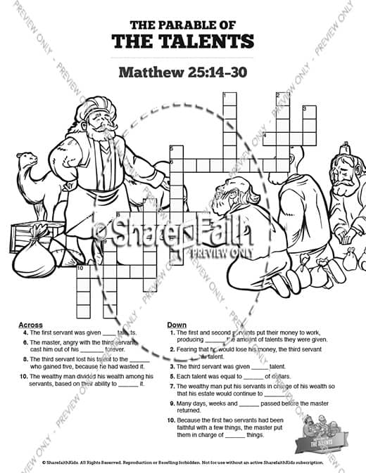 The Parable of the Talents Sunday School Crossword Puzzles