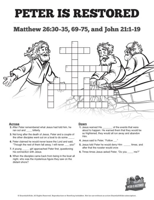 John 21 Peter Is Restored Sunday School Crossword Puzzles