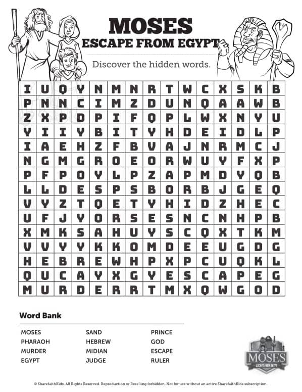 Exodus 2 Moses Escapes From Egypt Bible Word Search Puzzle