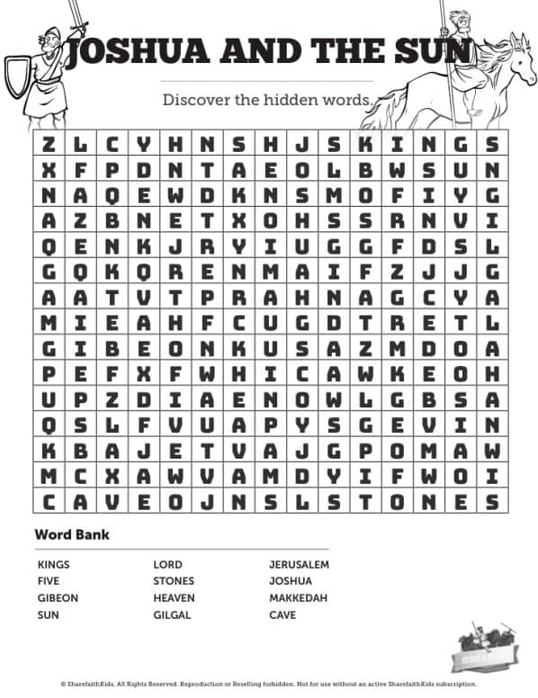 Joshua 10 Sun Stand Still Bible Word Search Puzzles