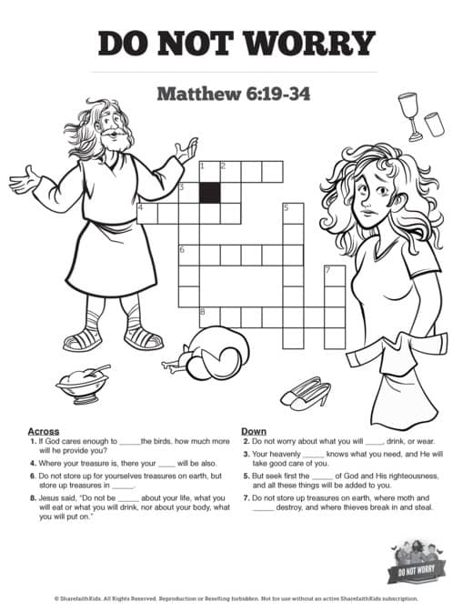 Matthew 6 Do Not Worry Sunday School Crossword Puzzles