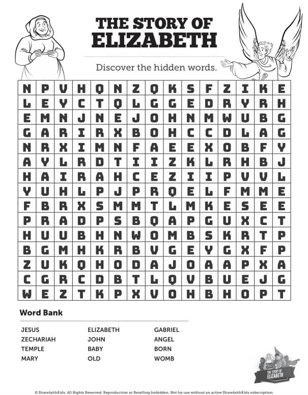 Luke 1 The Story of Elizabeth Bible Word Search Puzzles