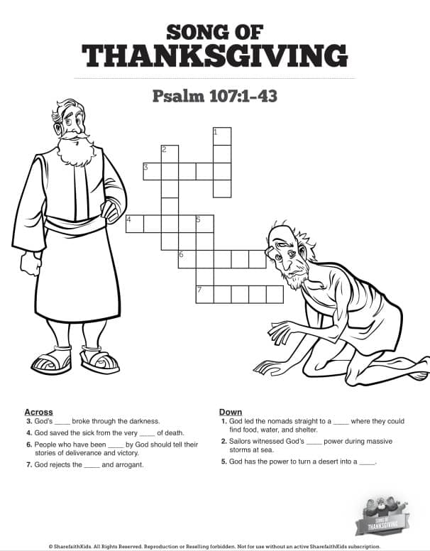 Psalm 107 Song of Thanksgiving Sunday School Crossword Puzzles