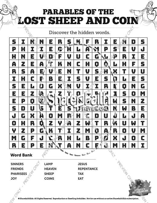 Luke 15 The Parables of the Lost Sheep and Coin Bible Word Search Puzzles