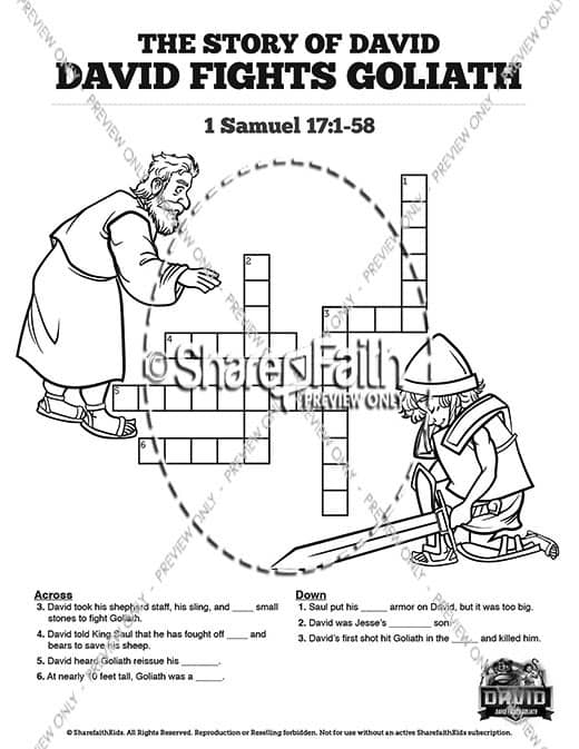 1 Samuel 17 David Fights Goliath Sunday School Crossword Puzzles
