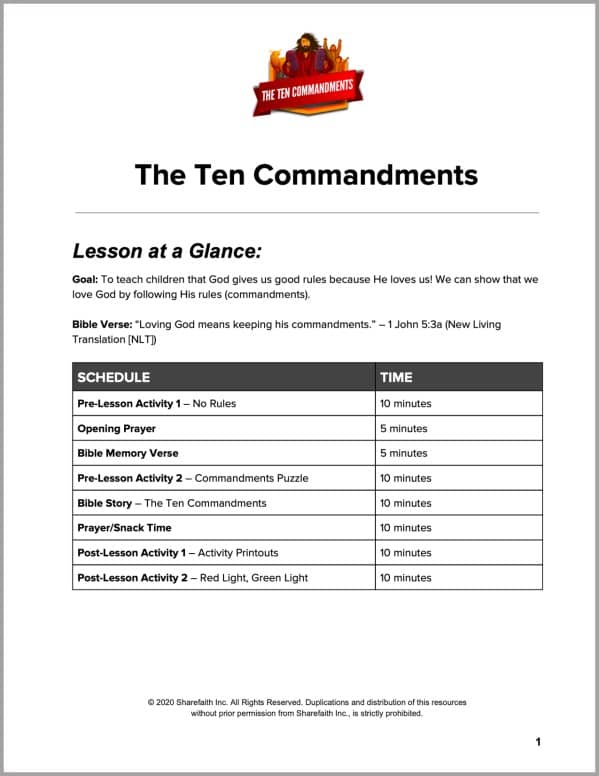 Exodus 20 The Ten Commandments Preschool Curriculum