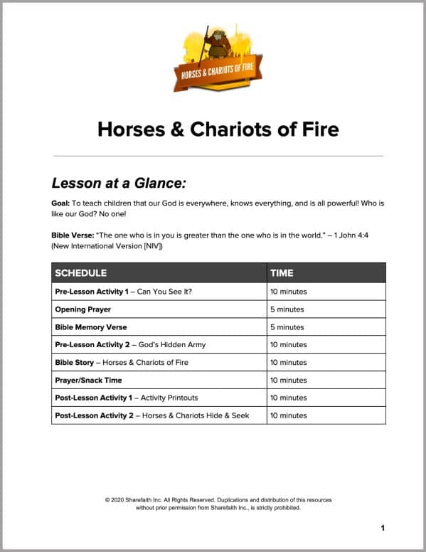 2 Kings 6 Horses and Chariots of Fire Preschool Curriculum