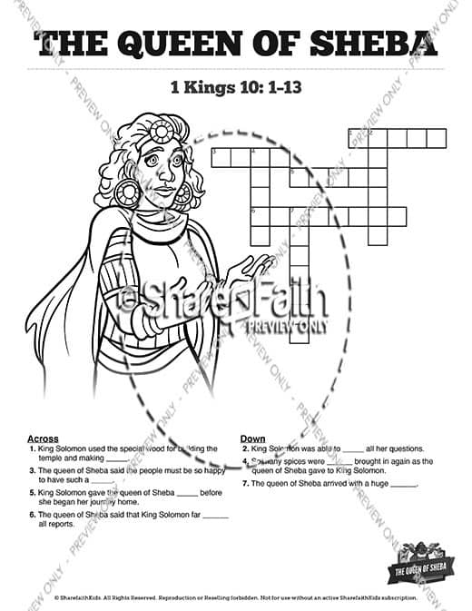 1 Kings 10 The Queen of Sheba Sunday School Crossword Puzzles