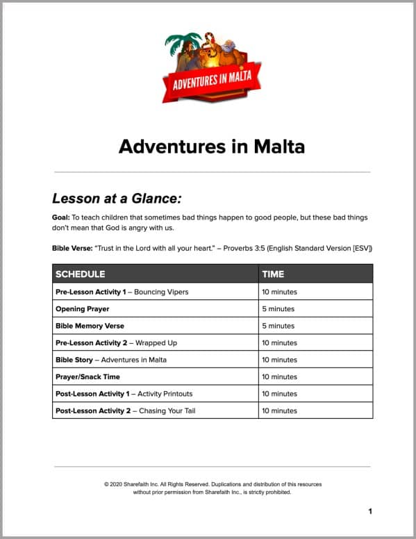 Acts 28 Adventures in Malta Preschool Curriculum