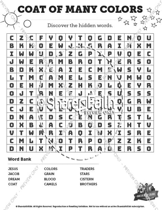 Genesis 37 Coat of Many Colors: Word Search
