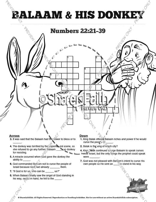 Numbers 22 Balaam's Donkey Sunday School Crossword Puzzles