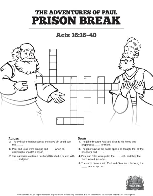 Acts 16 Prison Break Sunday School Crossword Puzzles