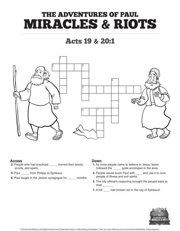 Acts 19 Miracles & Riots Sunday School Crossword Puzzles