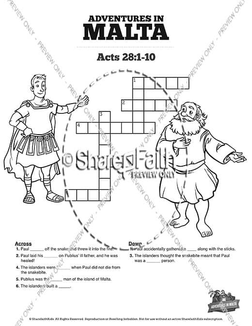 Acts 28 Adventures in Malta Sunday School Crossword Puzzles