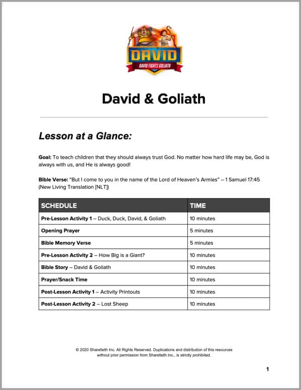 1 Samuel 17 David and Goliath Preschool Curriculum
