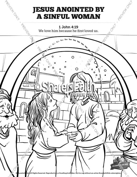 Luke 7 Woman Washes Jesus Feet Sunday School Coloring Pages