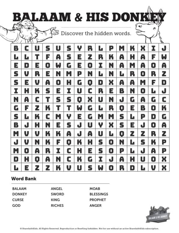 Numbers 22 Balaams Donkey Bible Word Search Puzzle