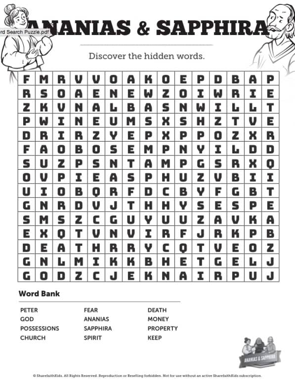 Acts 5 Ananias and Sapphira Bible Word Search Puzzles