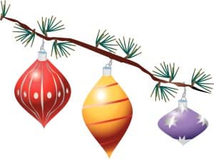 Three Glass Ornaments on Tree Branch