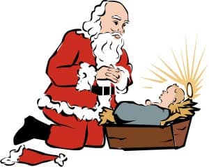Santa Kneeling Beside Baby Jesus