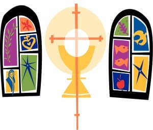 Two Colorful Stained Glass Windows and Communion Chalice