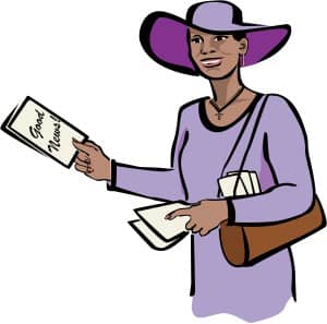 Christian Woman in Purple with Tracts