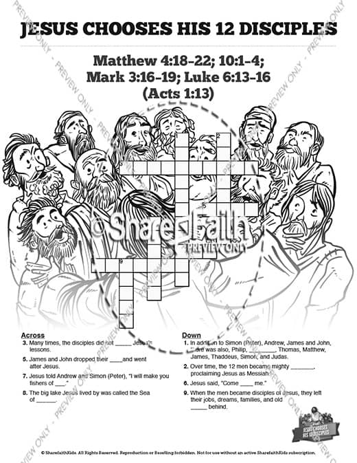 Jesus Chooses His 12 Disciples Sunday School Crossword Puzzles