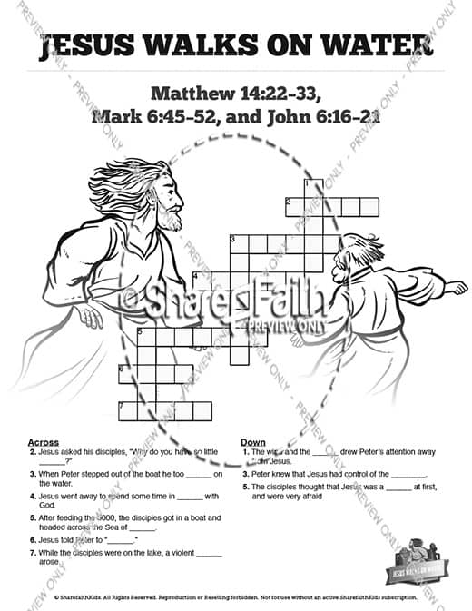 Jesus Walks On Water Sunday School Crossword Puzzles