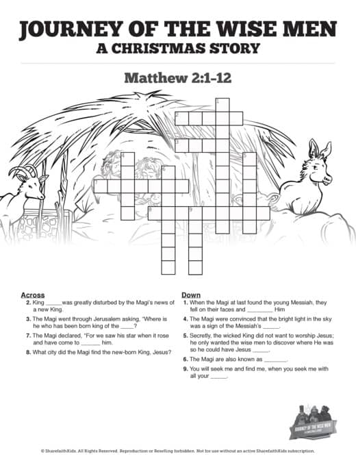Matthew 2 Journey of the Wise Men: The Magi Christmas Story Sunday School Crossword Puzzles