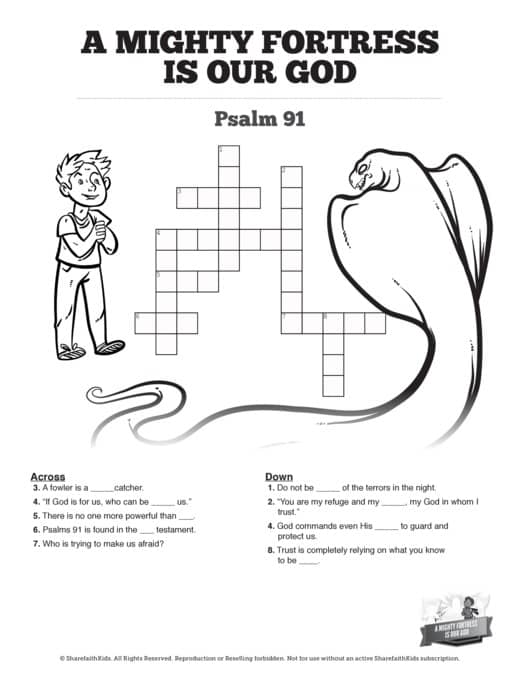 Psalm 91 A Mighty Fortress is our God Sunday School Crossword Puzzles