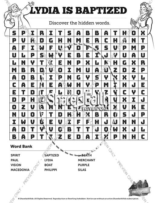 Acts 16 Lydia is Baptized Bible Word Search Puzzles