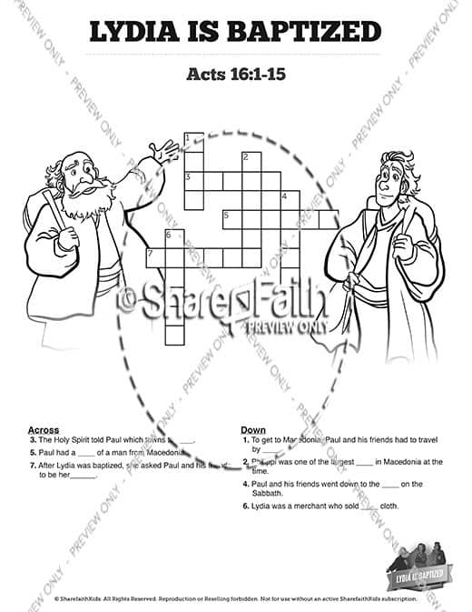 Acts 16 Lydia is Baptized Sunday School Crossword Puzzles