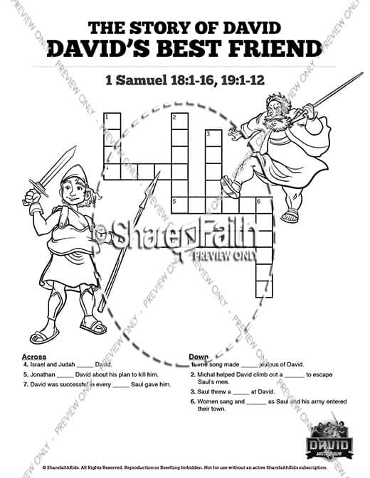 1 Samuel 18 19 David, Saul, & Jonathan Sunday School Crossword Puzzles