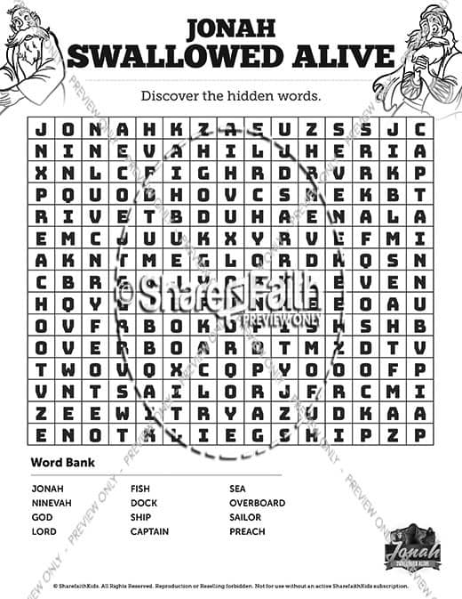 Jonah 1 Swallowed Alive Bible Word Search Puzzles