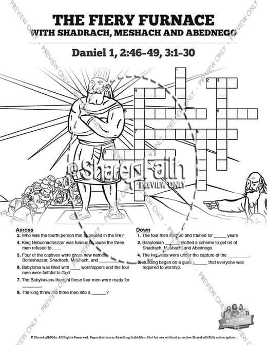 The Fiery Furnace with Shadrach, Meshach and Abednego Sunday School Crossword Puzzles